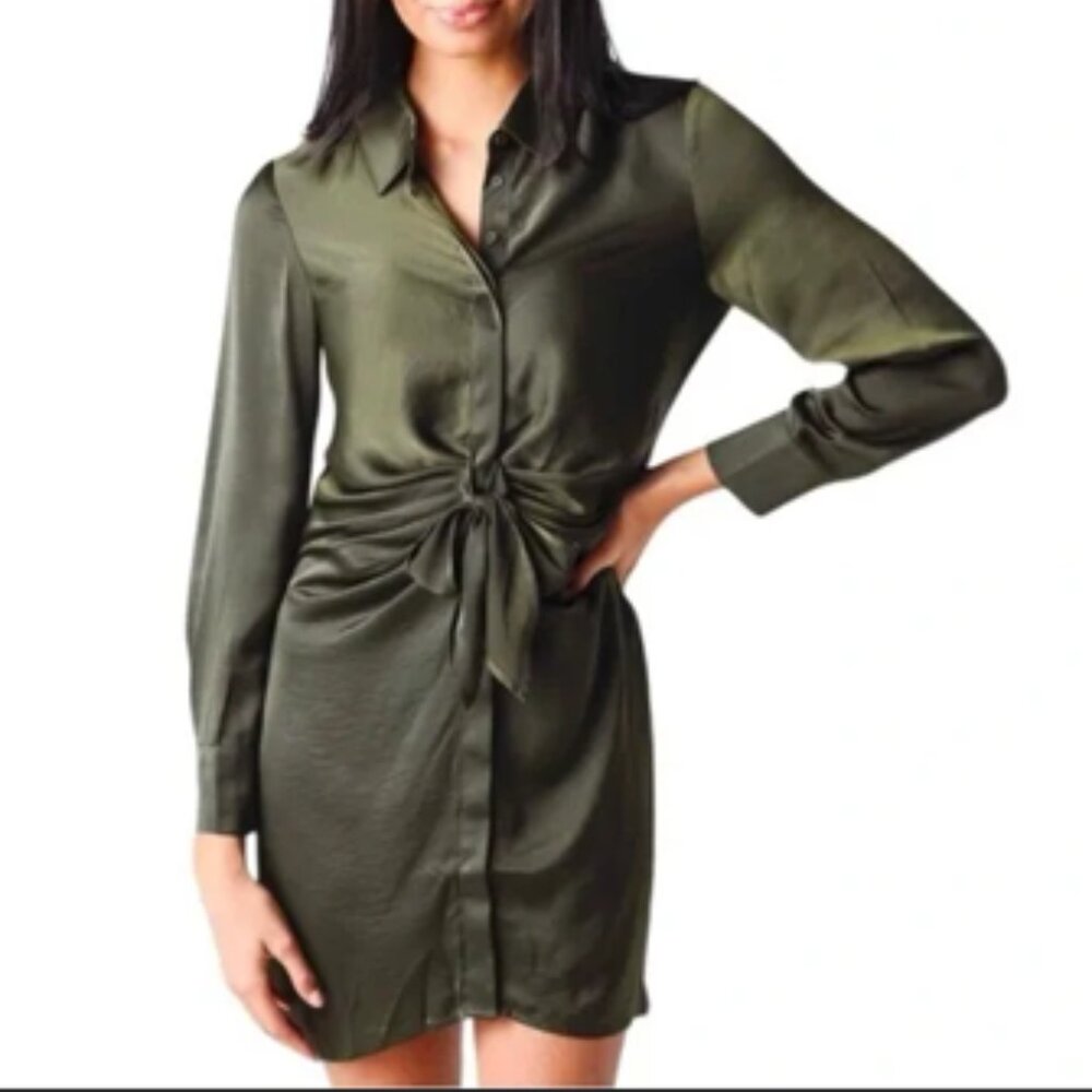 BB Dakota Tie Waist Long Sleeve Satin Shirt Dress